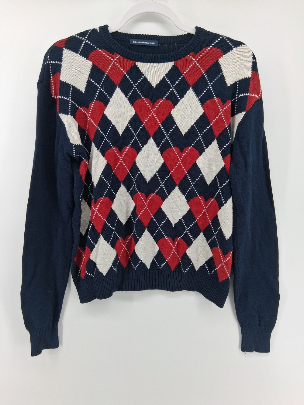 Brandy Melville Navy Red White Heart Argyle Crewneck Sweater